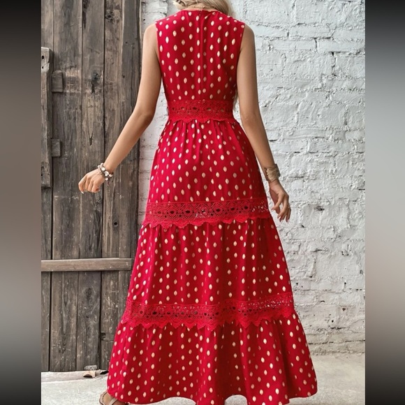 Boho Sheer Lace Panel Tiered Ruffle Red Gold Maxi Dress - Picture 5 of 8